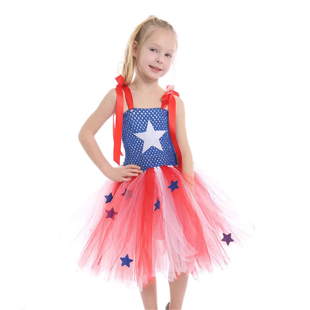Девушка Капитан Америка Хэллоуин костюм фантазии платье супер дети партии