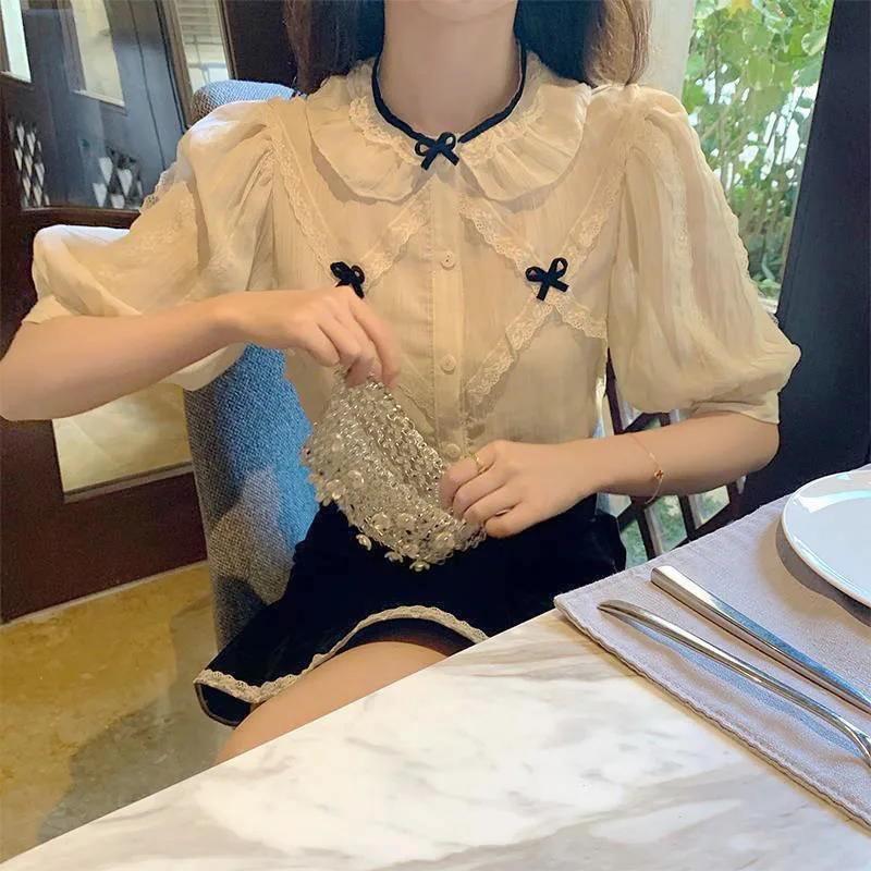 

Vintage Elegant Blouse Female Button Short Blouse Office Lady Casual Design Kawaii Korea Style 2021 Summer Blouse and Tops Women