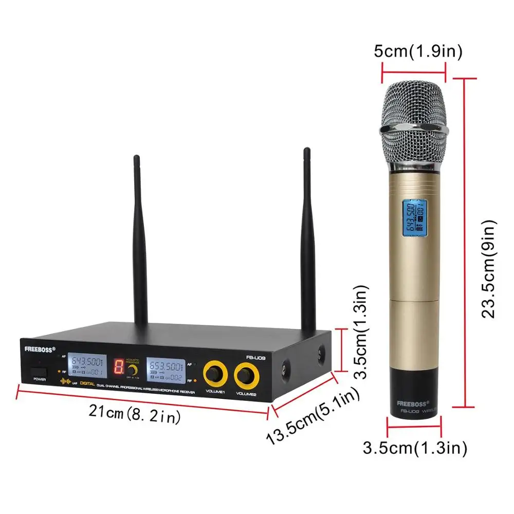 Freeboss FB-U09-G Dual Way Digital UHF Fixed Frequency Wireless Microphone with 2 Metal Handhelds in Gold Color | Электроника