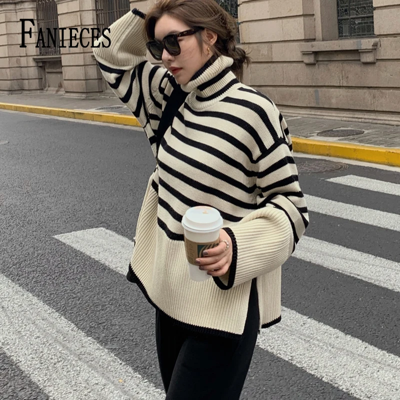 

FANIECES Loose Stripe Sweater Women Fall Winter Turtleneck Long Sleeve Knit Pullover Casual Side Split Jumper Pull Femme свитер