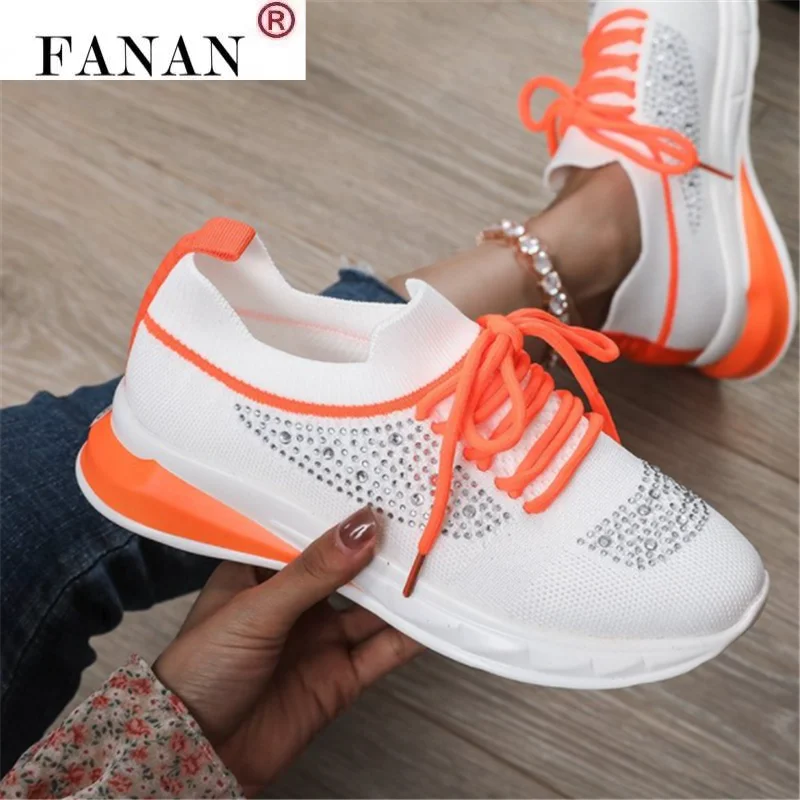 

2021 Mesh Breathable Sneakers Spring Outdoor Light Lace-up Women's Vulcanized Shoes Fashion New Rhinestone Women Casual Shoes