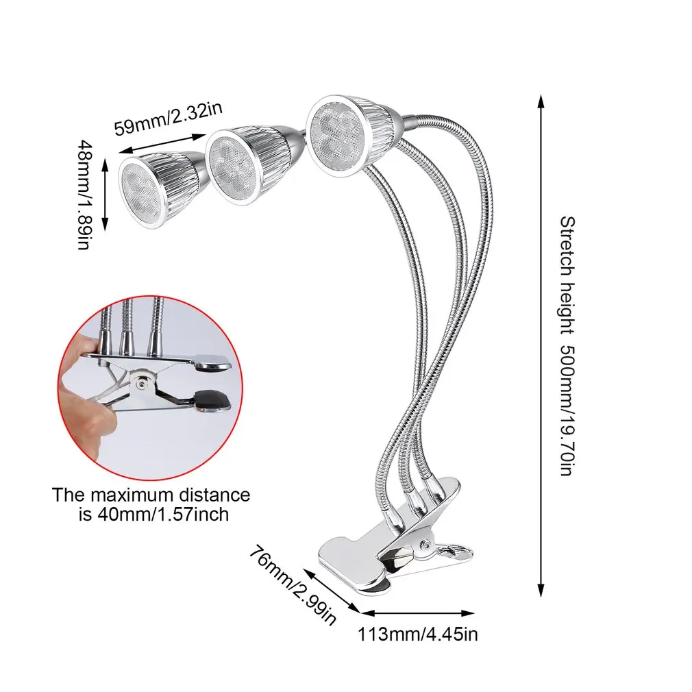 

LED Plant Grow Light Three-Head 15W Clip Grow Lamp with 360 Degree Flexible Gooseneck and Three Separate Control Switches
