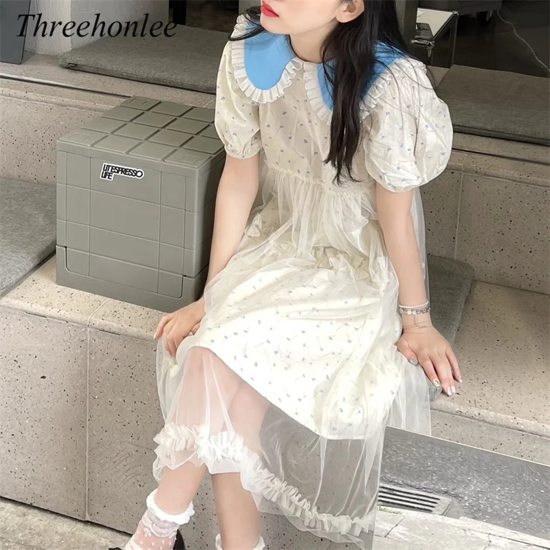 

Летнее корейское милое мягкое женское платье в студенческом стиле, милые кружевные платья в стиле Питер Пэн с воротником и пышными рукавами...