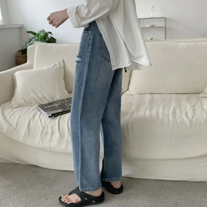 

Retro Hong Kong Style High Waist Loose Hole Slimming and Straight Split Denim Trousers for Women 2021 New Wide-Leg Pants Fashion