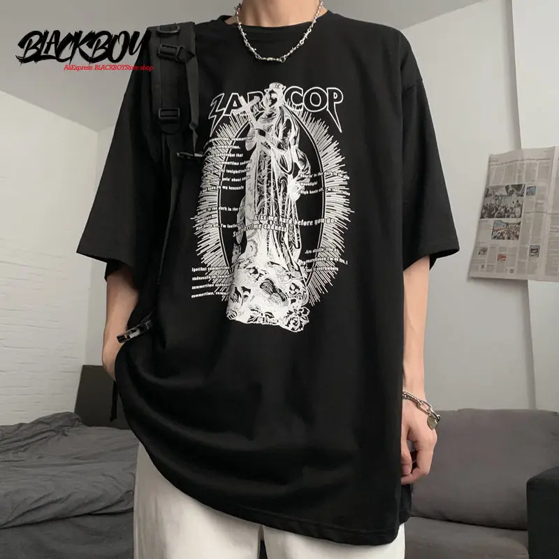 

BLACKBOU Hometown Retro Diablo Notre Dame Printing Loose Large Size Short-sleeved T-shirt Male Student Top Tide Graphic Shirts