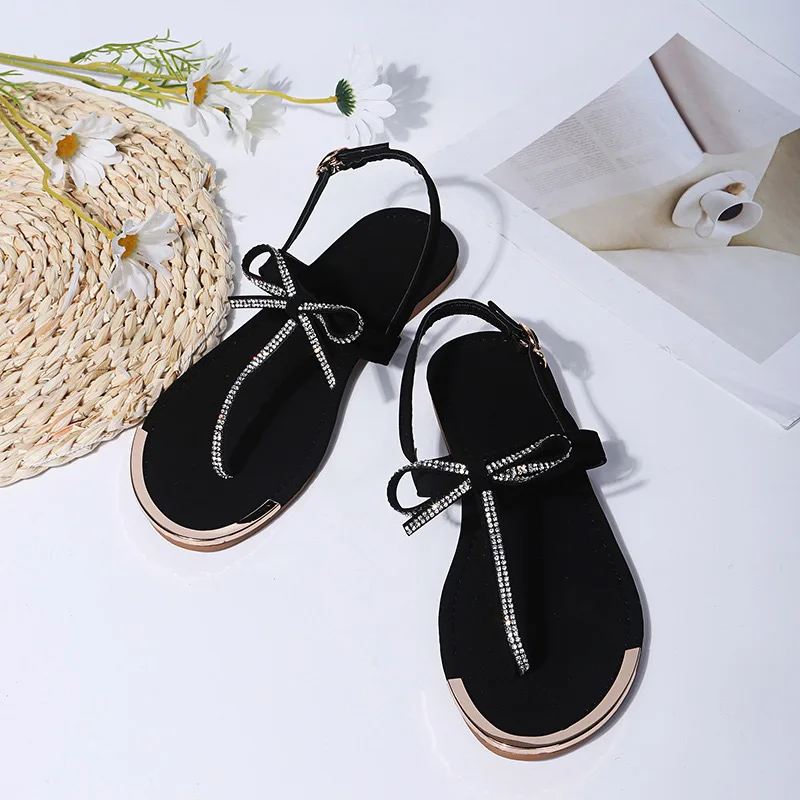 

Women Sandals Summer Shoes Flats Casual Rhinestone Ladies Fashion Buckle Strap Footwear Female Plus Size Bowknot Comfort 2021