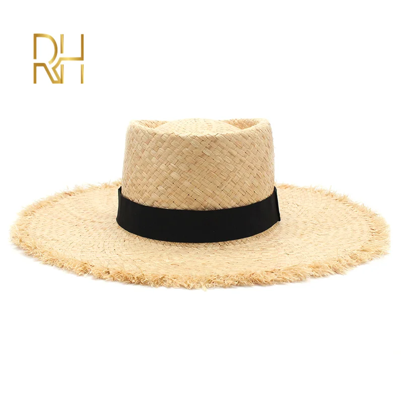 RH женская соломенная шляпа от солнца летняя черная лента рафия Федора пляжная