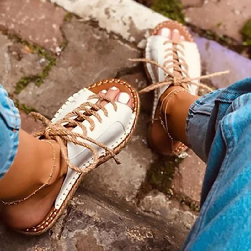 

2021 Women's Summer Rome Lace Up Slippers Fashion Sewing Flats Ladies Slides Female Comfortable Open Toe Shoes Women Footwear