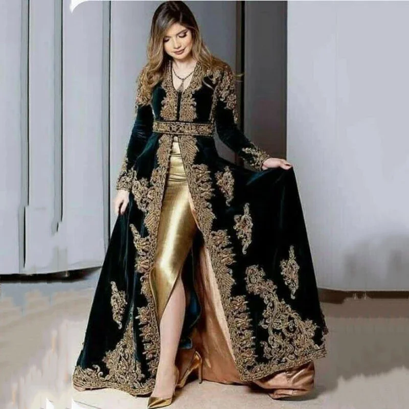 Moroccan Caftan Mermaid Velvet Evening Dress Split Gold Applique Lace Muslim Prom Formal Gowns Dubai Arabic Women Party Dresses