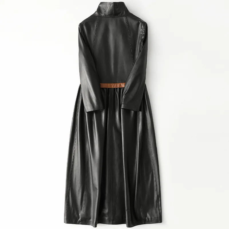 Women's Black Real Leather Long Windbreaker High End 2021 Spring New Sheepskin Coat Half Sleeves Classic Loose Office Jacket