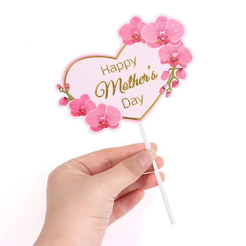 

Hot New 10pcs Happy Mother's Day Cake Topper Pink Heart Flower Rose Toppers Decoration for Mother Gift Cupcake Dessert Supplies