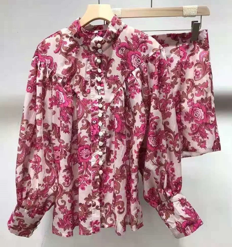 

High Quality Short Sets 2021 Summer Fashion 2 PC Set Women Rose Red Floral Print Long Sleeve Top Shirt+High Waist Short Suits