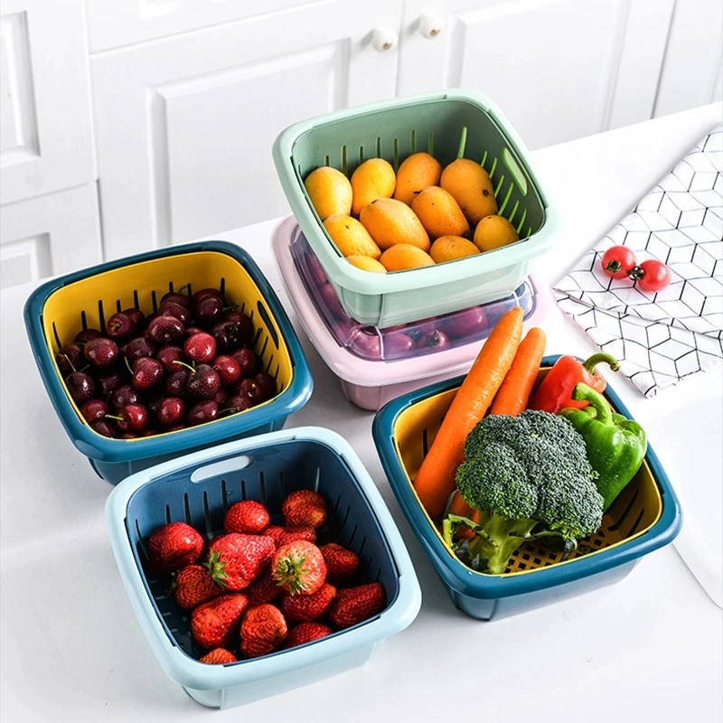 

Double-Layer Drain Basket Portable Lid Refrigerator Crisper Kitchen Fruit Vegetable Washing Baskets Kitchen Accommodate Tool