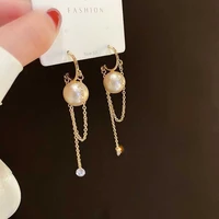 2021 new s925 design trendy korean temperament pearl long tassel chain hoop earrings for women girls jewelry gifts