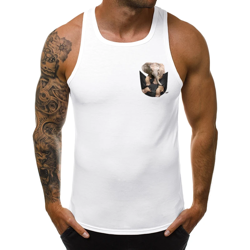 

Funny Retro 3D Elephant Men Tank Tops Fashion Elephant In Pocket Printed Sleeveless Tee Hipster Singlet Casual Vest