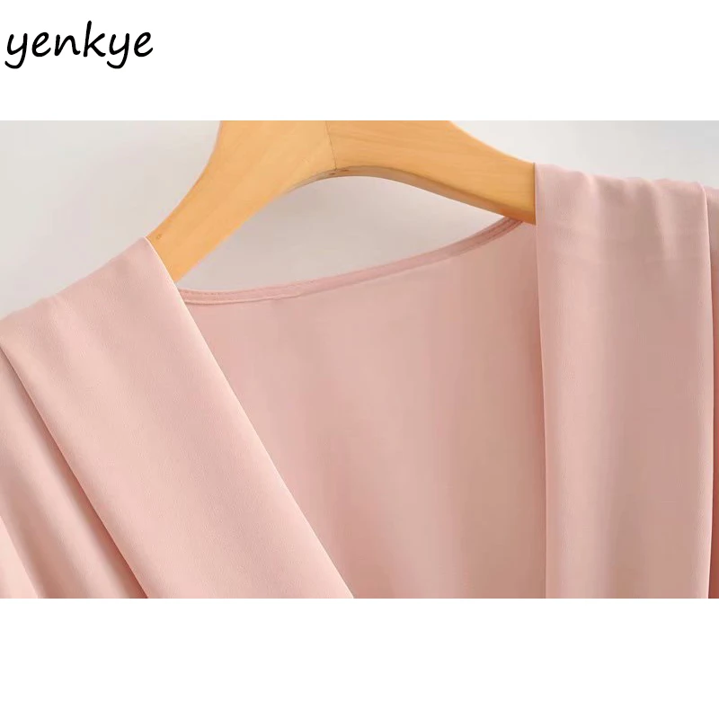 Модная женская однотонная блузка с поясом рубашка v-образным вырезом и длинным