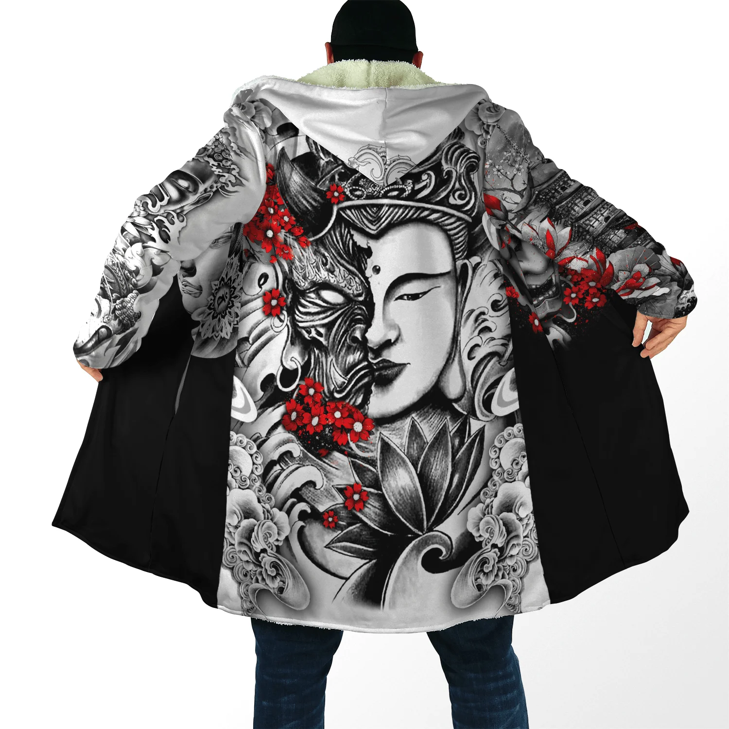 

Japan Ninja Warrior Tattoo Samurai Masks Overcoat Coat Printed Thick Warm Hooded Cloak for Men Windproof Fleece Unisex Casual-13