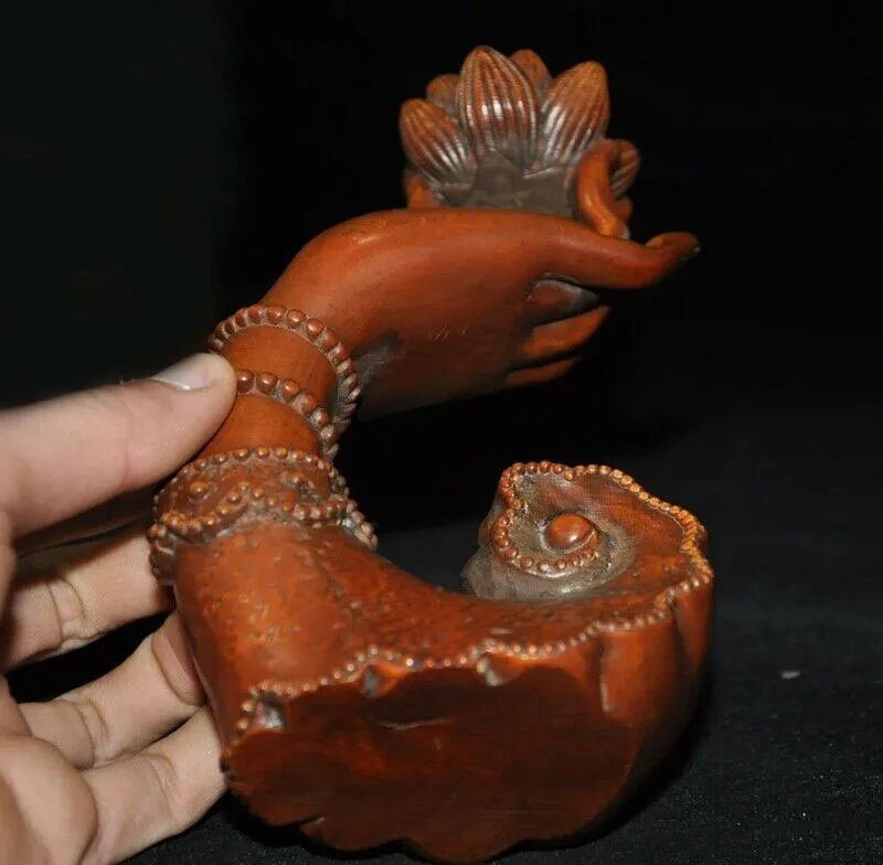 

wedding decoration 6"China Boxwood wood carved Buddhism Buddha hand statue lotus Candlestick Holder