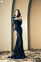 wholesales two pieces mermiad tulle ziad nakad navy blue evening dress with warp 2014