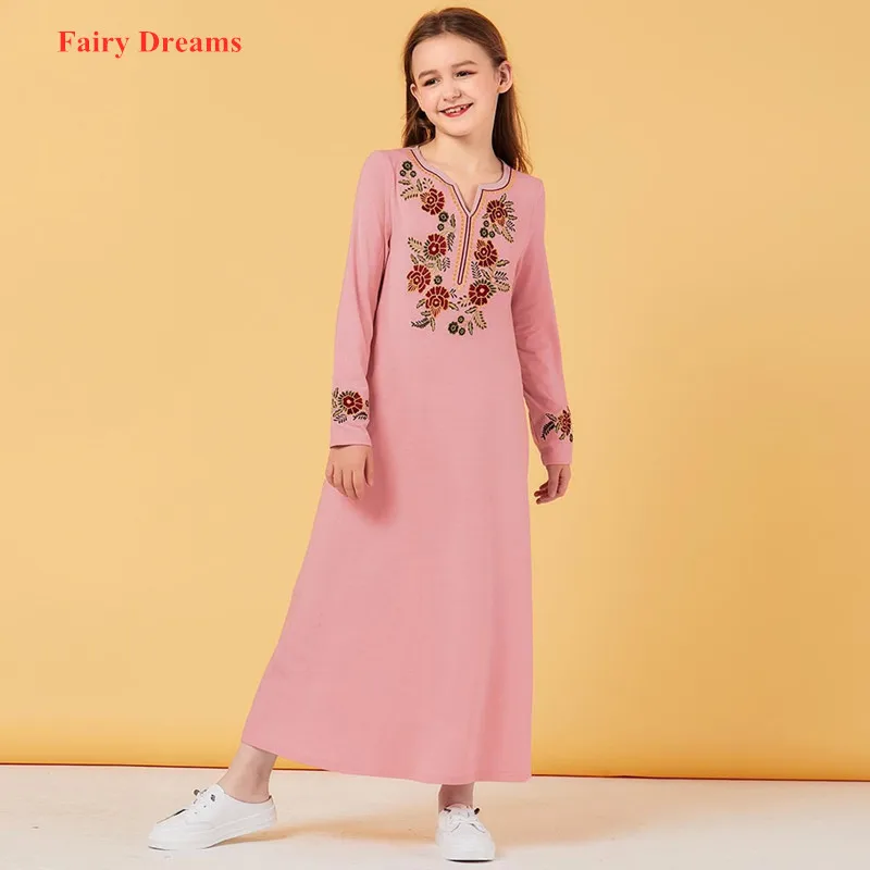Женское мусульманское платье с вышивкой детское розовое длинные платья из