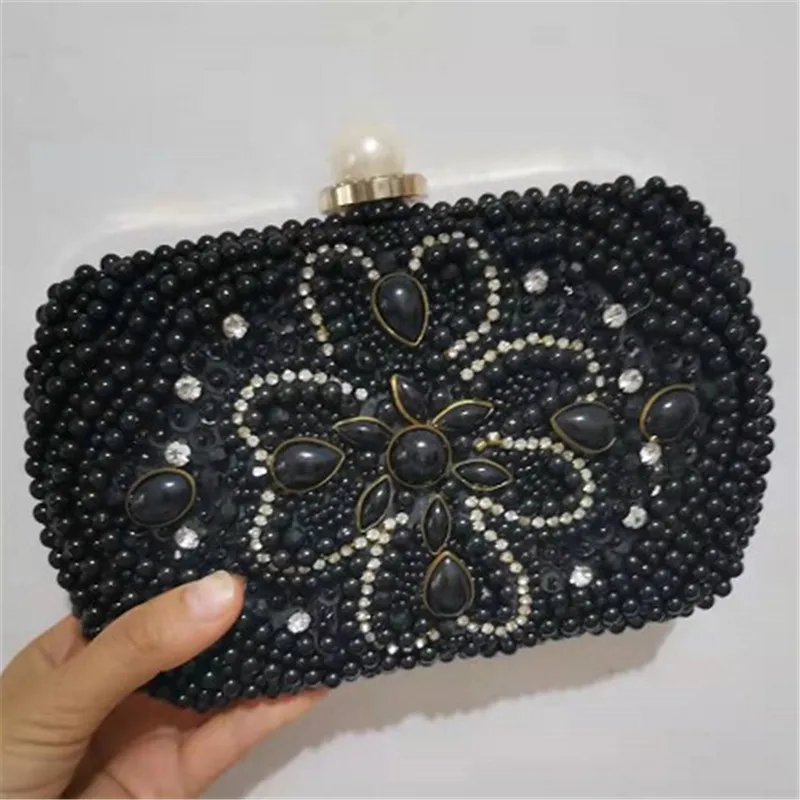 

2023 High Quality Women Beads Evening Bags Black Pearl Wedding Chain Purse Mini Wallets Diamond Bags Drop Shipping