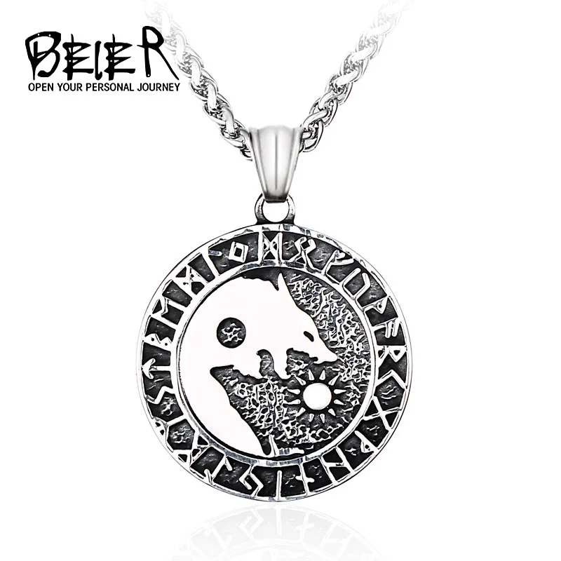 Beier stainless Viking Nordic Amulet Large Chain Men Norse Vikings Runes Wolf Pendant Necklace fashion jewelry BP8-326 | Украшения и