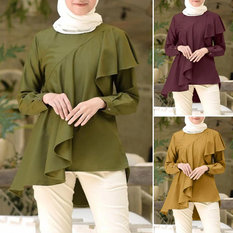 

Fashionable Muslim Tops Spring And Autumn Ruffle Tops Islamic Shirt Women Women's Casual Solid Color Long Sleeve Single-breasted