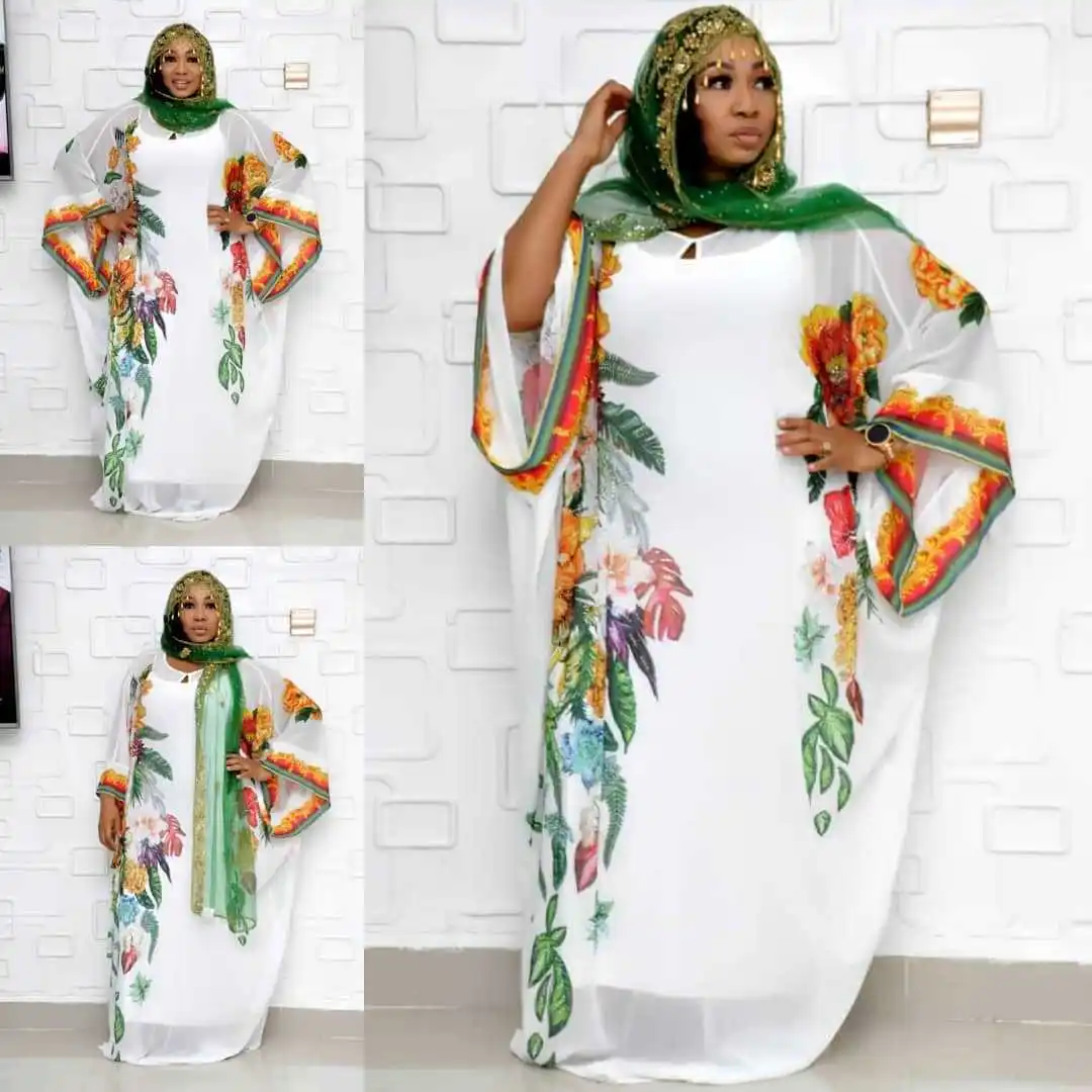 

2021 2pc set African Clothes For Women Chiffon High Quality big sleeve dress maxi long floral vestidos with elastic long inner