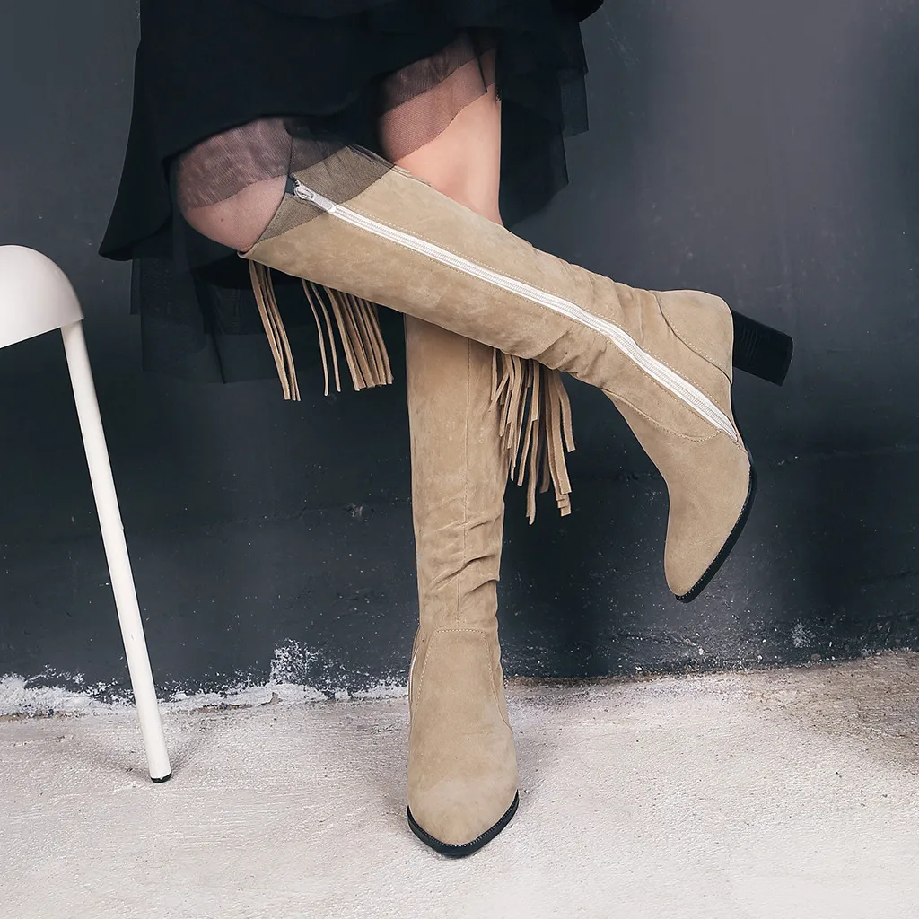 Женские высокие сапоги на платформе и каблуке модные однотонные винтажные