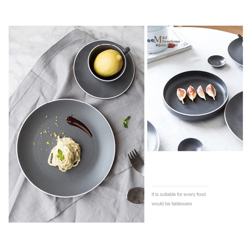 Nordic Simple Dinner Plates Dark Grey Elegant Ceramic Plate Matte Color Household Tableware White Edge Dishes images - 6