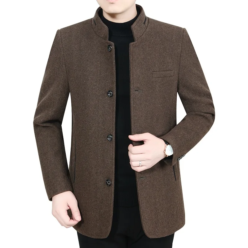

Autumn Winter Brown Woolen Coat Men Long Sleeve Thick Warm Button Up Wool Overcoat Male Windbreaker Blend Coat Oversize Jacket