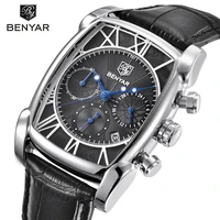 benyar classic rectangle case fashion sport chronograph mens watches waterproof 30m genuine leather strap luxury quartz watch