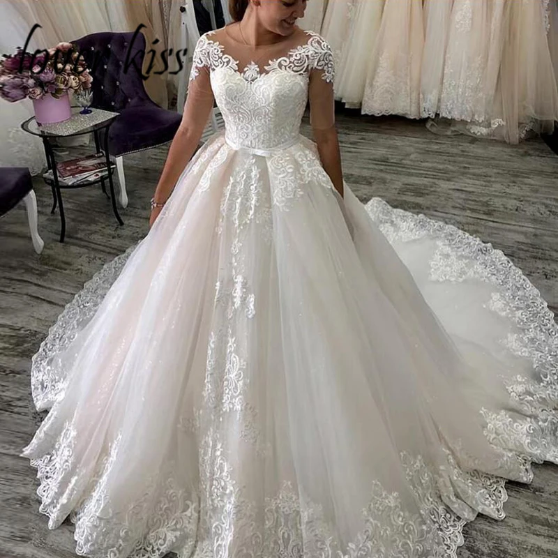 Lover Kiss Vestido De Noiva, кружевные свадебные платья с кружевной аппликацией и коротким рукавом, свадебные платья из тюля, Индивидуальный размер