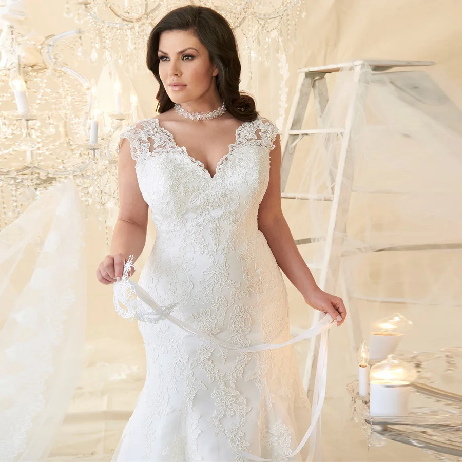 Robe De Mariage Cap Sleeve Lace Mermaid Wedding Dresses Plus Size V-neck Bridal Wedding Gowns Sweep Train Vestido De Noiva