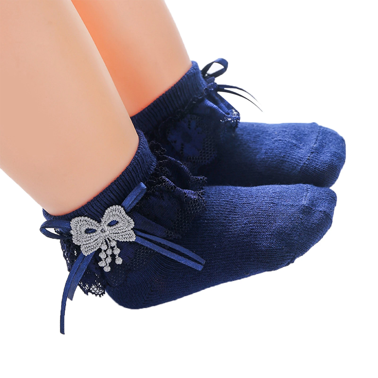 Calcetines de algod&oacute;n suave para beb&eacute; reci&eacute;n nacido, medias de princesa de encaje s&oacute;lido con volantes, para oto&ntilde;o e invierno, de 0 a 3 a&ntilde;os-5