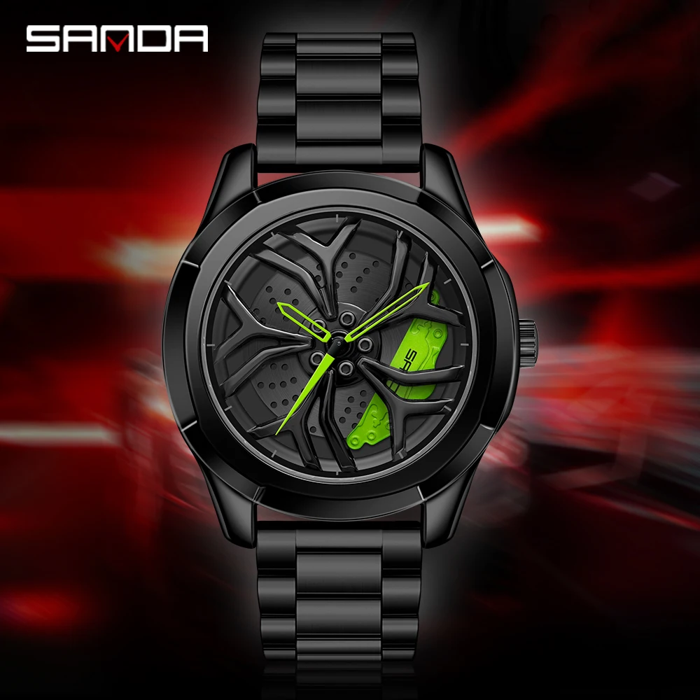 

SANDA New Men's Creative Quartz Watch Casual Contour Design Mesh Steel Band Waterproof Sports Men's Rim Hub Waterproof Watch