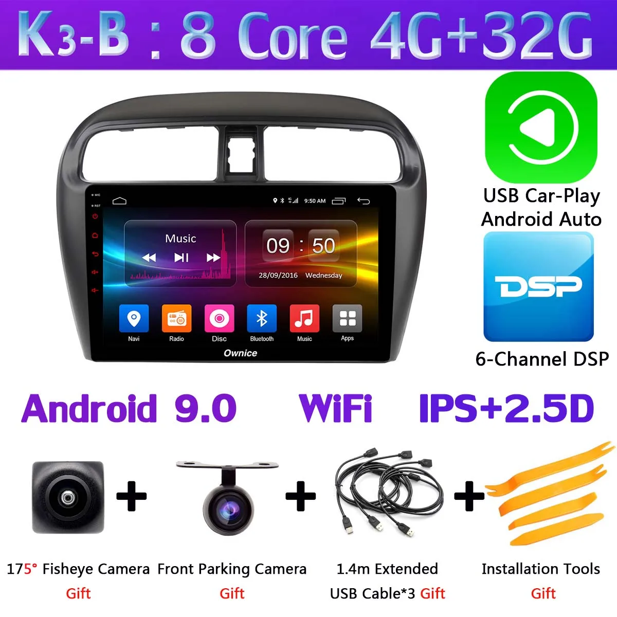 K3-B-CarPlay 360 ° AHD DVR камера 4GSIM wifi Android 9,0 8Core 4+ 64G SPDIF DSP CarPlay gps радио для Mitsubishi Mirage Attrage GT G46 2012 - Цвет: K3-B-CarPlay
