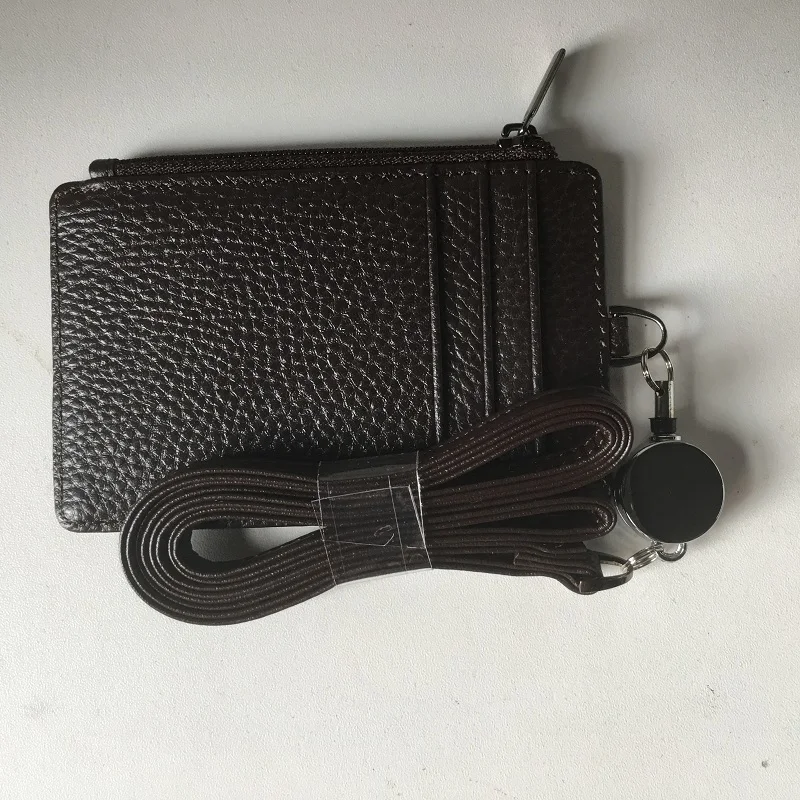 Brown Retractable Двойной держатель для ID бейджа со шнурком, кошелек для карт из натуральной кожи, 5 карт и слот, 1 Боковая Блокировка Rfid, карман на молнии, тонкий чехол для карт - Цвет: Brown Retractable