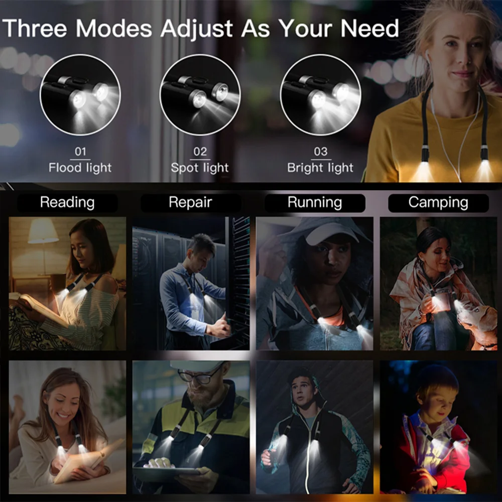 

USB Reading Lamp High Quality Neck Book Light Rechargeable HandsFree Durable LED for Knitting Camping Repairing Lighting