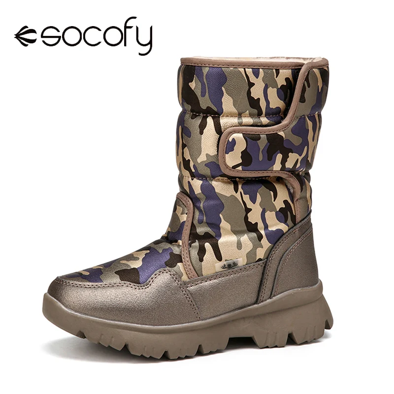 

SOCOFY New Snow Boot Plush Multicolour Camo Random pattern Non Slip Warm Hook Loop Platform Mid-calf Snow Boots Warm Botas Mujer