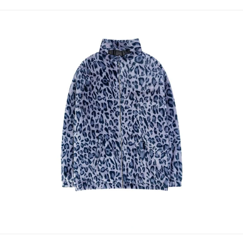 2021 Women Blue Leopard Faux Fur Coat Winter Padded Jacket  Loose Plus Velvet Street Coat Casual Outwear Women Lamb Wool Coat