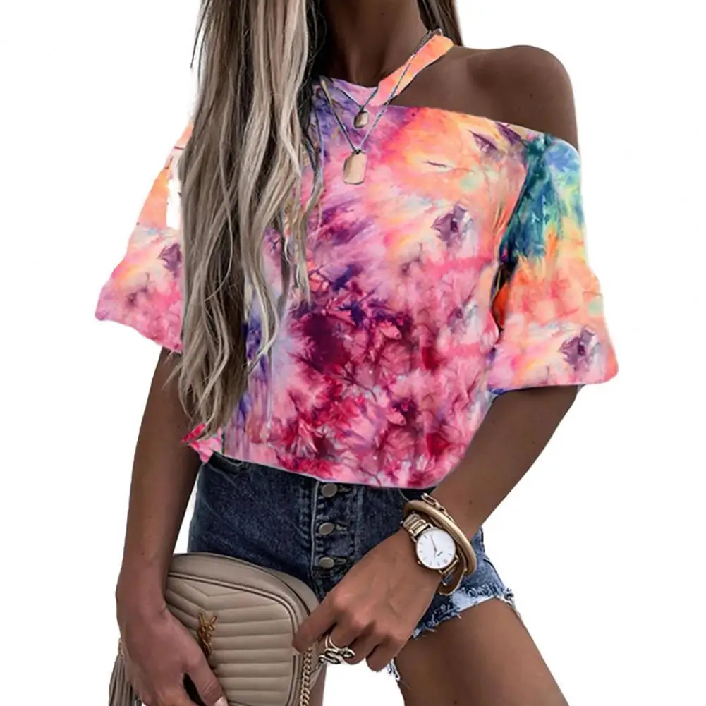 

Women T-shirt One Shoulder Tie Dye Loose Hanging Shoulder Short Sleeve Top for Summer