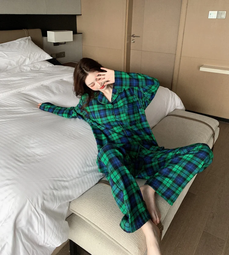 

Autumn Casual Home Set Women Pajamas Set Pocket Plaid Sleepwear 2 Piece Set Lapel Collar Shirts Pants Lounge Wear Homewear