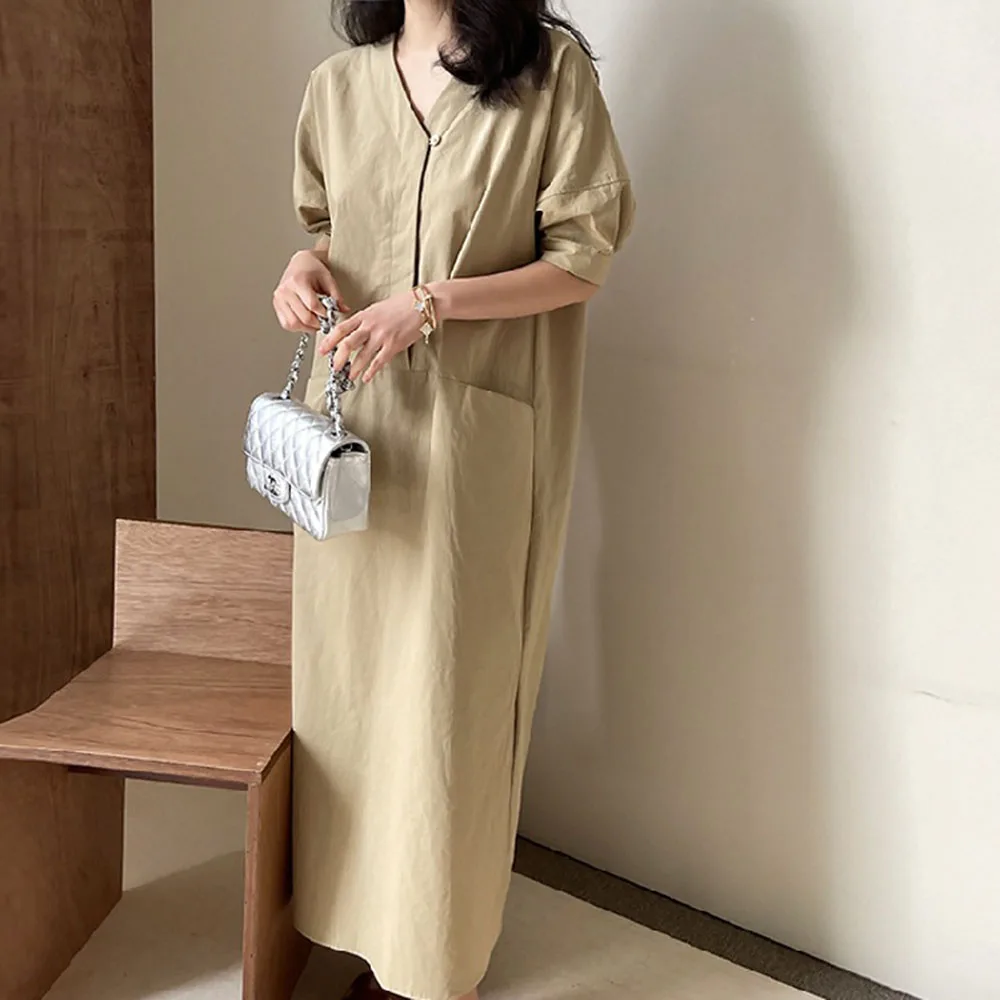 

2021 Summer New Korean Fashion Design Simplicity Solid Color V-neck Puff Sleeve Pocket Loose Casual Solid Color Japanese Style