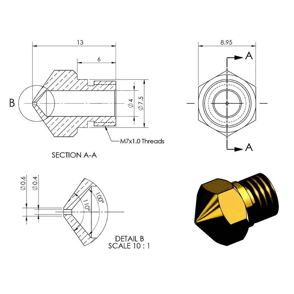 MK10 Nozzle for 3D Printer 18 Pcs M7 Brass Extruder Head Hotend Nozzles 0.2/0.3/0.4/0.5/0.6/ 0.8/1.0mm Wanhao Dupicator D4 | Компьютеры и