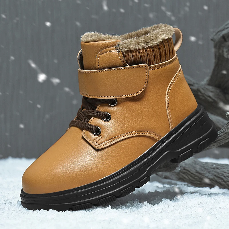 

Leather 2021 Autumn Winter Children's Boots For Girls Boys Snow Plush Boots Luxury Brand Casual Warm Ankle Shoes Kids Sneakers