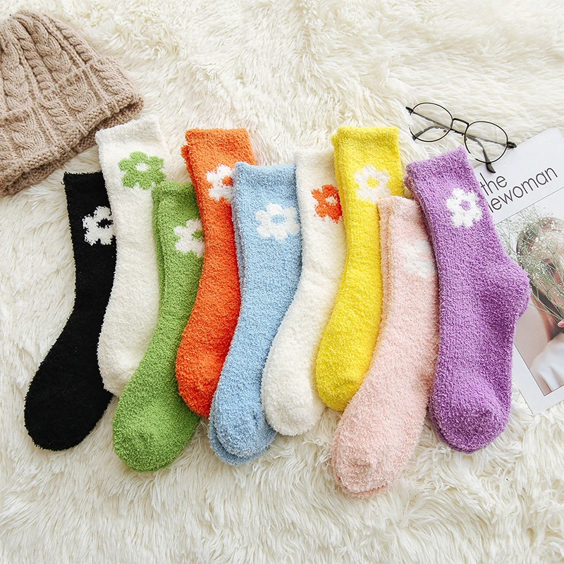 Женские носки из кораллового флиса с большими цветами осенне-зимние толстые