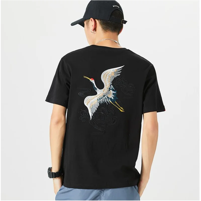 

Harajuku Embroidery Crane Tees Shirts Chinese Style Sun Mens Hip Hop Streetwear Tshirts Summer Casual Short Sleeve Tops Male -40
