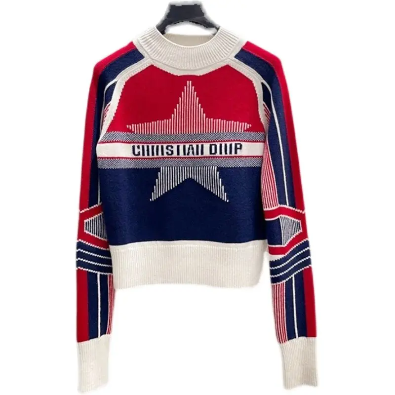 

Women's sweater 2021 autumn/winter new product Korean version of the letter hit color simple long-sleeved sweater