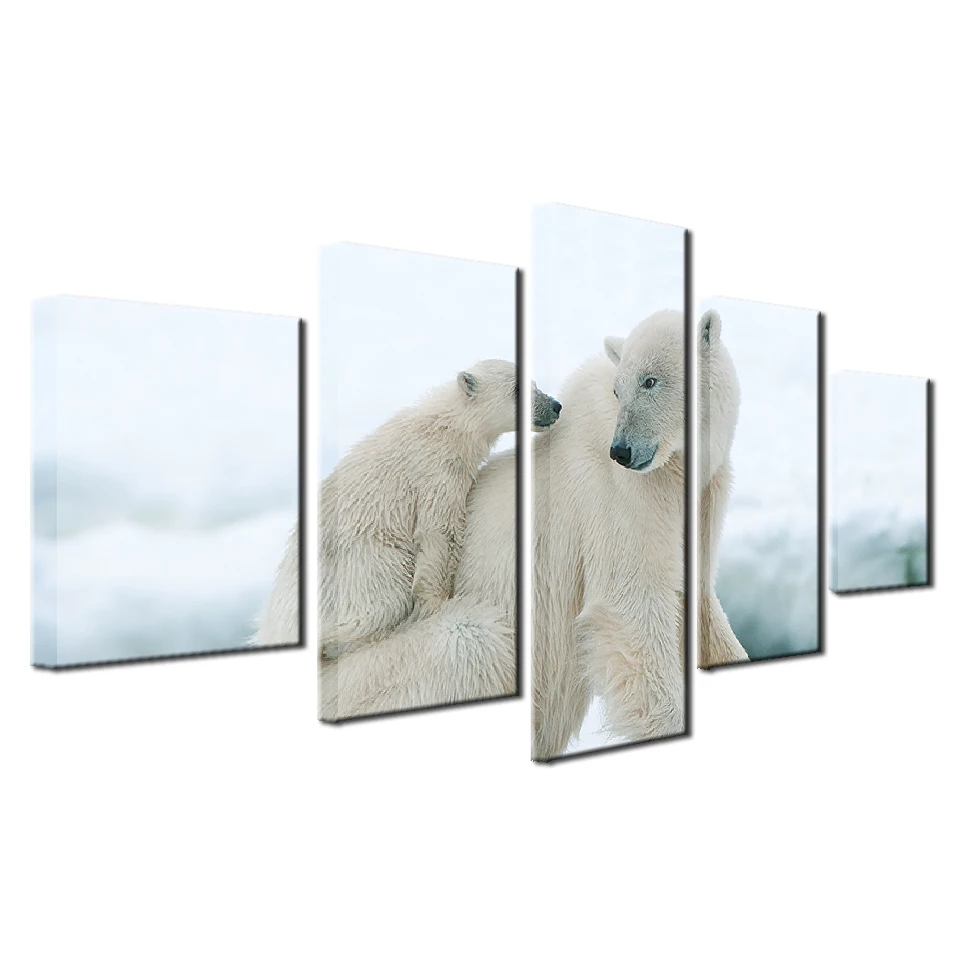 

HD Prints Wall Artwork Canvas Pictures Home 5 Pieces Polar Bear and Cub Paintings Animal Poster BedRoom Framework Modern Oil